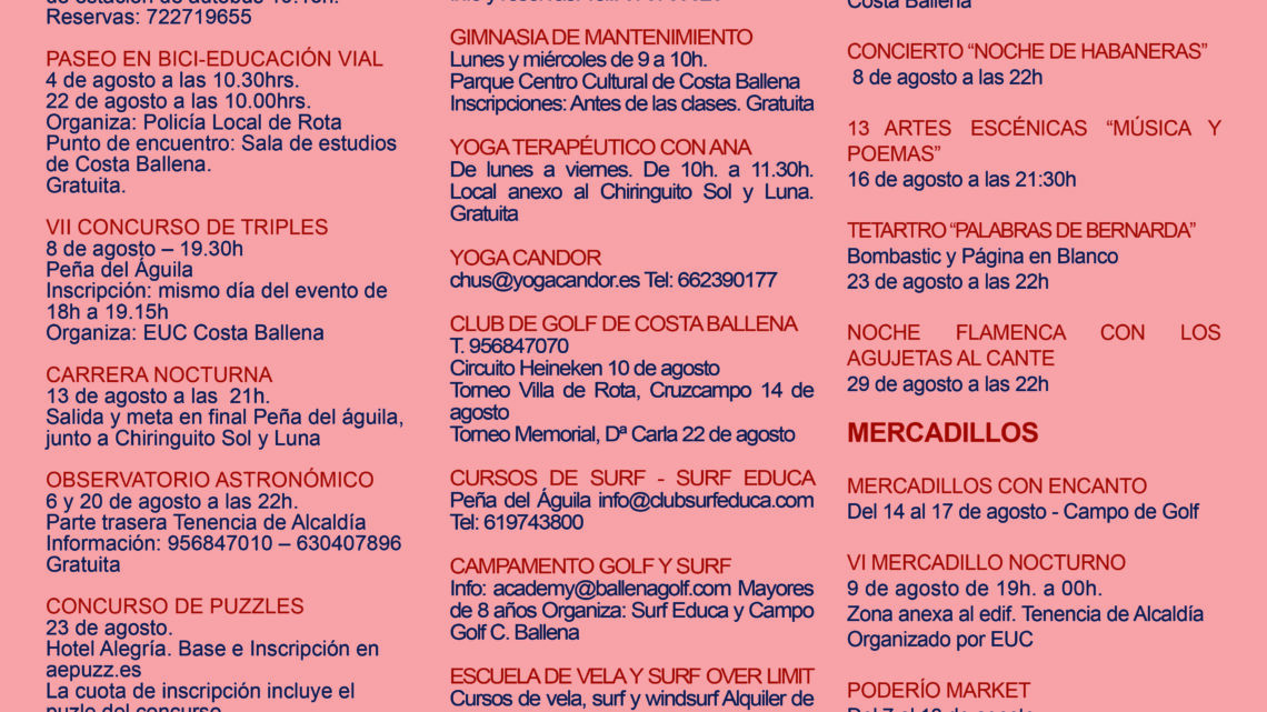 Actividades culturales en Costa Ballena para este mes de agosto Actividades culturales en Costa Ballena para este mes de agosto