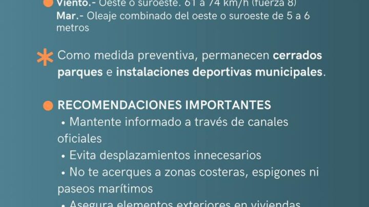 El Ayuntamiento de Rota pide precaución ante la alerta naranja por viento y fenómenos costeros